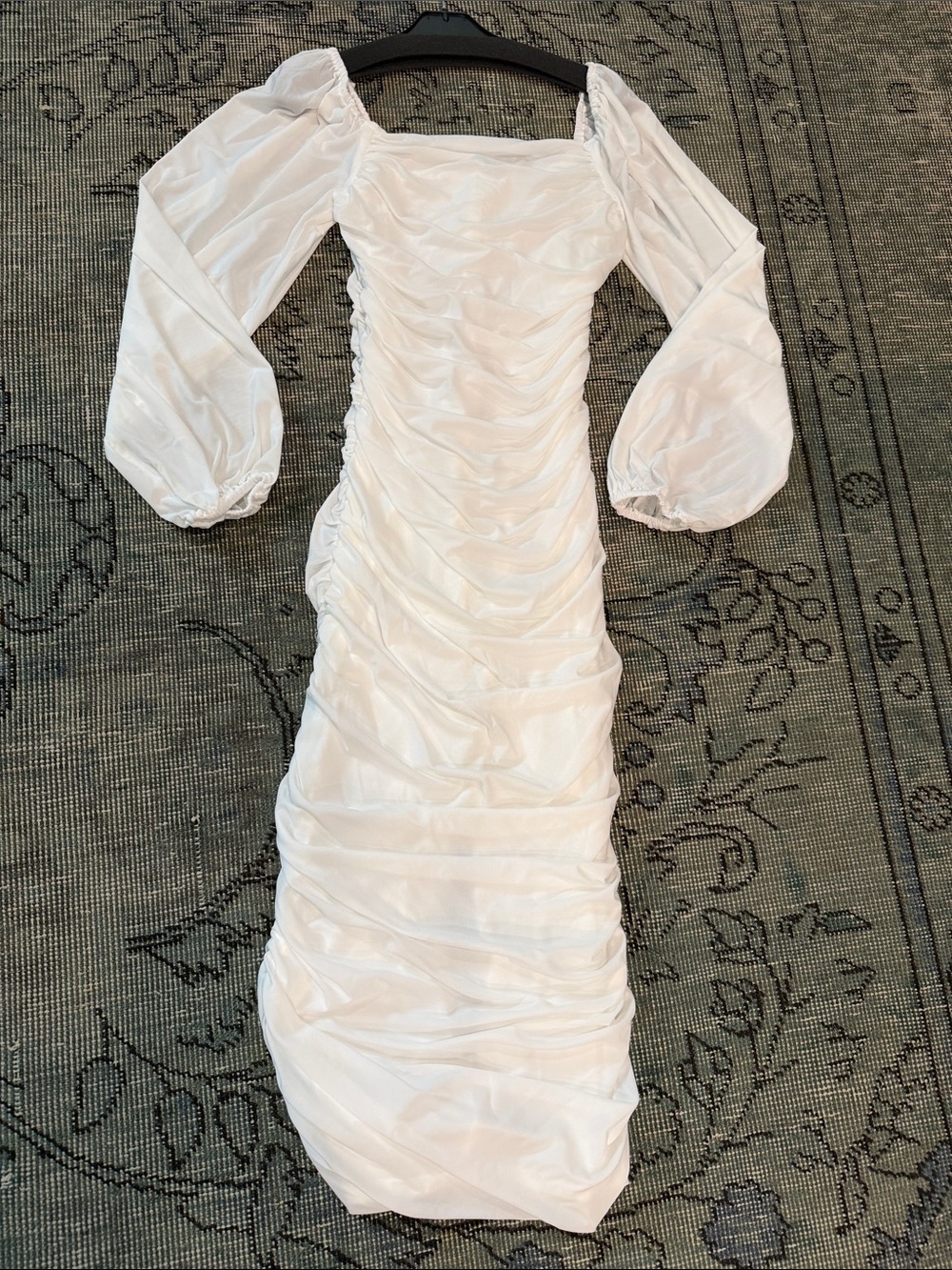 Amazon White Ruched Puff-Sleeve Midi Dress